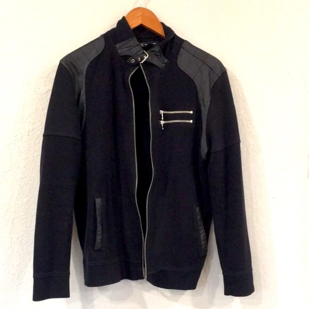 INC International Concepts Women Zipper Buckle Leather Trimmed Jacket Lg Swacket